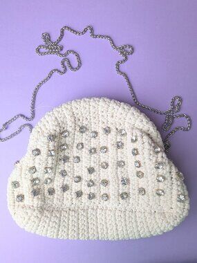 White Knitted Bag Rhinestoned Evening Purse Winter White Accessories Handbag